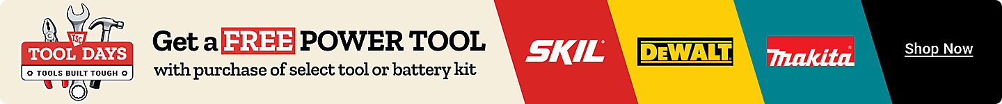 Tractor Supply Company Tool Days promotion. Get a free power tool with purchase of a select tool or battery kit. Featured brands include SKIL, DeWALT, and Makita. Shop Now.